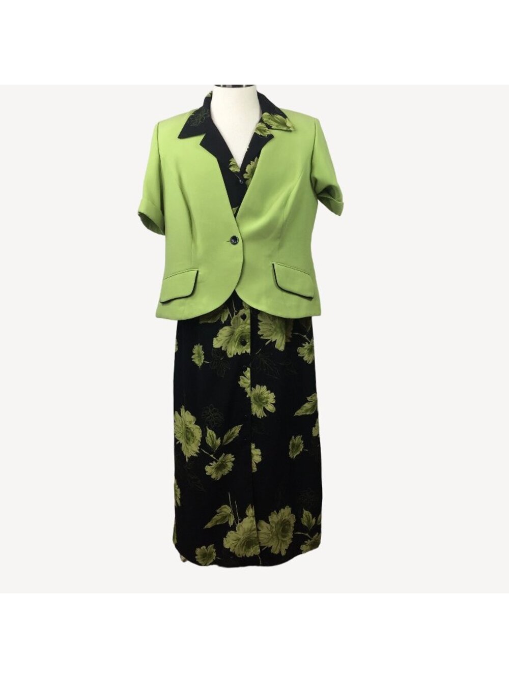 Dressbarn Woman Black Floral Dress Green Jacket Set Work Office Church Size 16W